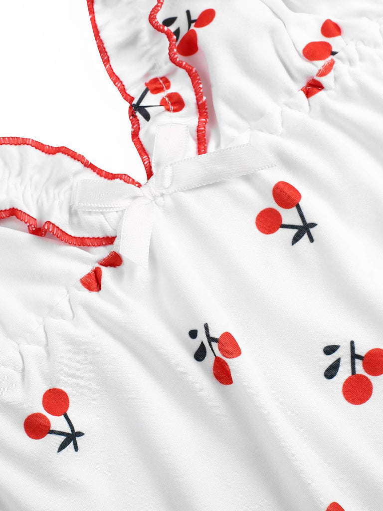 White 1950s Cherry Navel Straps Pajamas, vintage pajamas, retro nightwear - perfect for women who love vintage and retro fashion