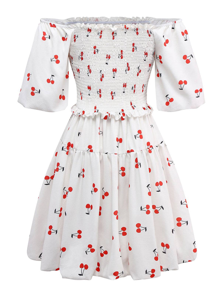 White 1950s Cherry Puff Sleeve Smocked Dress - vintage dress, retro fashion, rockabilly