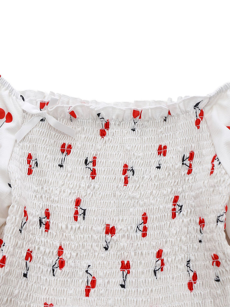 White 1950s Cherry Puff Sleeve Smocked Dress - vintage dress, retro fashion, rockabilly