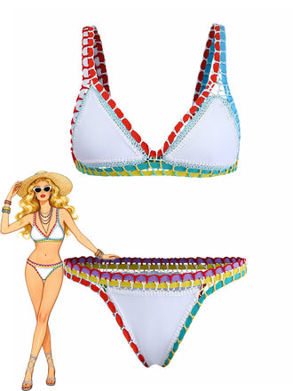 White 1950s Colorful Knit Halter Bikini Set - vintage swimwear, retro swimsuit, pin-up style for vintage lovers