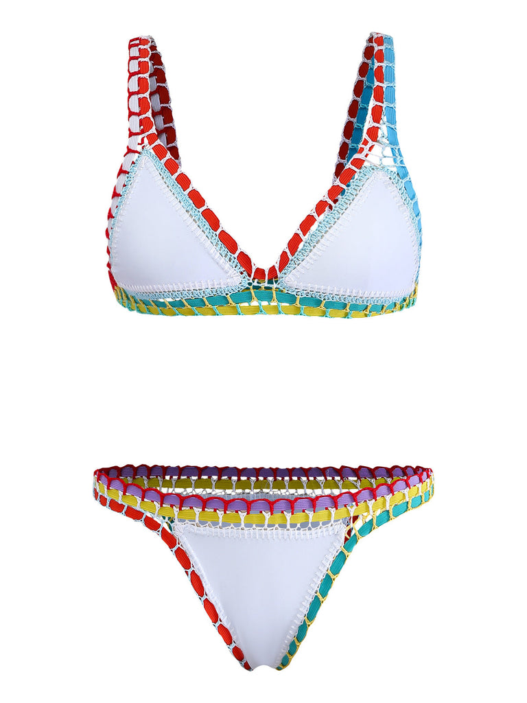 White 1950s Colorful Knit Halter Bikini Set: beautiful vintage swimwear, retro swimsuit, pin-up style with timeless appeal