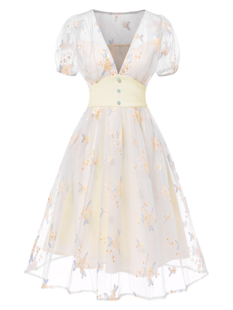 White 1950s Deep V-Neck Embroidered Floral Dress, vintage dress, retro fashion, rockabilly, pin-up fashion - perfect for women who love vintage and retro fashion