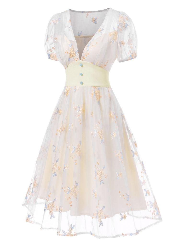 White 1950s Deep V-Neck Embroidered Floral Dress, vintage dress, retro fashion, rockabilly, pin-up fashion - perfect for women who love vintage and retro fashion