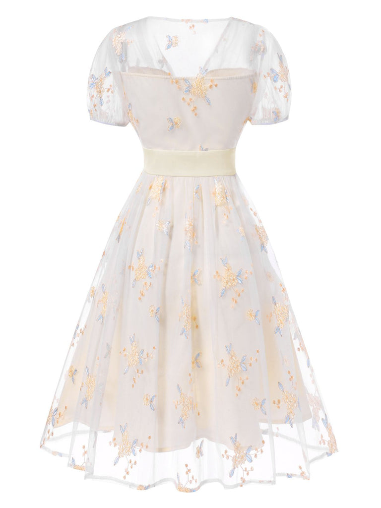 White 1950s Deep V-Neck Embroidered Floral Dress, vintage dress, retro fashion, rockabilly, pin-up fashion - perfect for women who love vintage and retro fashion