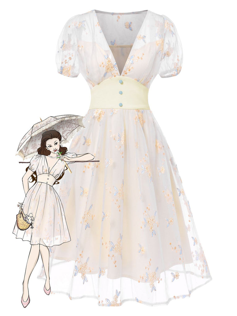 White 1950s Deep V-Neck Embroidered Floral Dress, vintage dress, retro fashion, rockabilly, pin-up fashion - perfect for women who love vintage and retro fashion