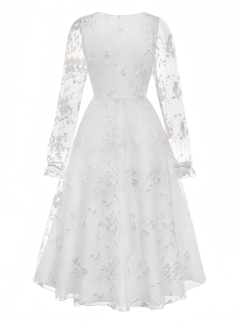 White 1950s Floral Embroidered Lace Square Neck Dress | vintage dress, retro fashion, elegant style - perfect for retro fashion enthusiasts