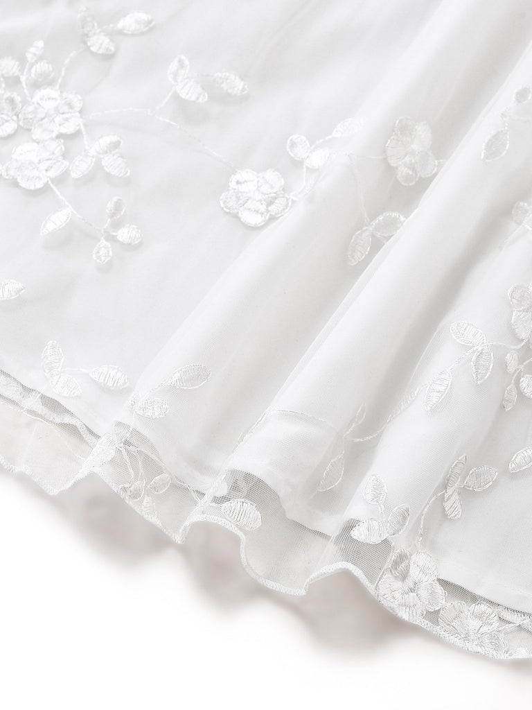 White 1950s Floral Embroidered Lace Square Neck Dress | vintage dress, retro fashion, elegant style - perfect for retro fashion enthusiasts