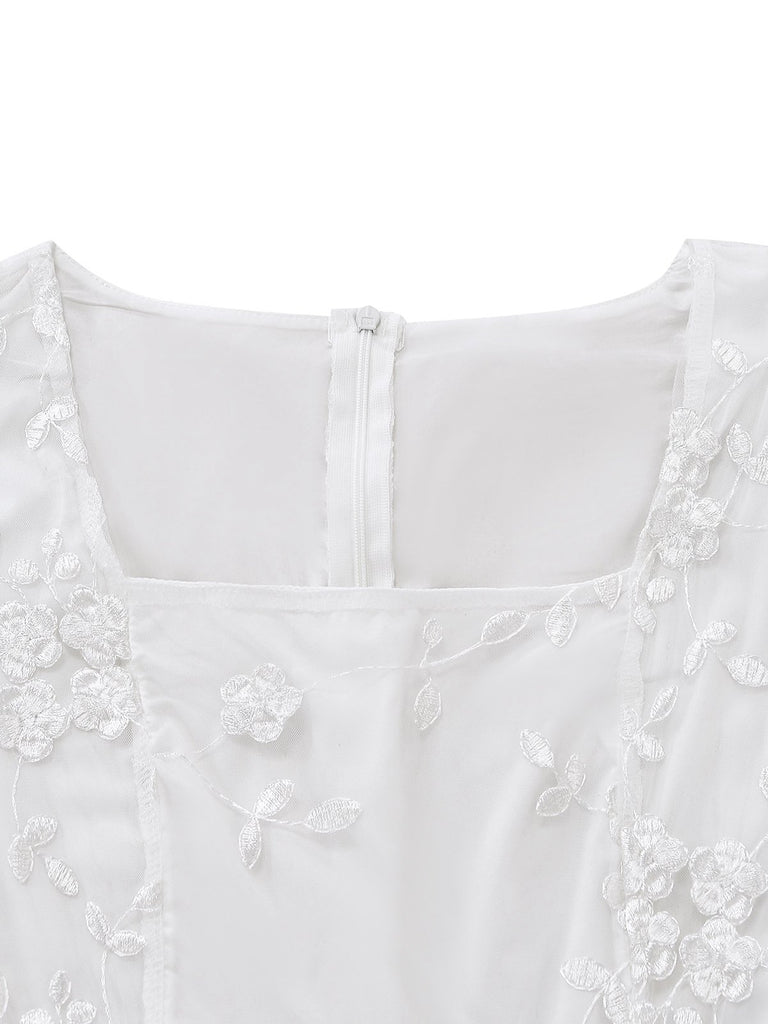 White 1950s Floral Embroidered Lace Square Neck Dress - vintage dress, retro fashion, elegant style for vintage lovers