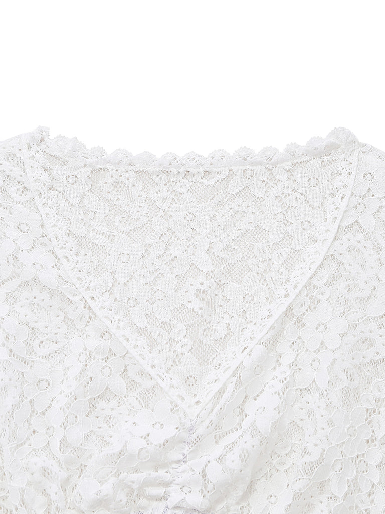 White 1950s Lace V Neck Patchwork Blouse 5