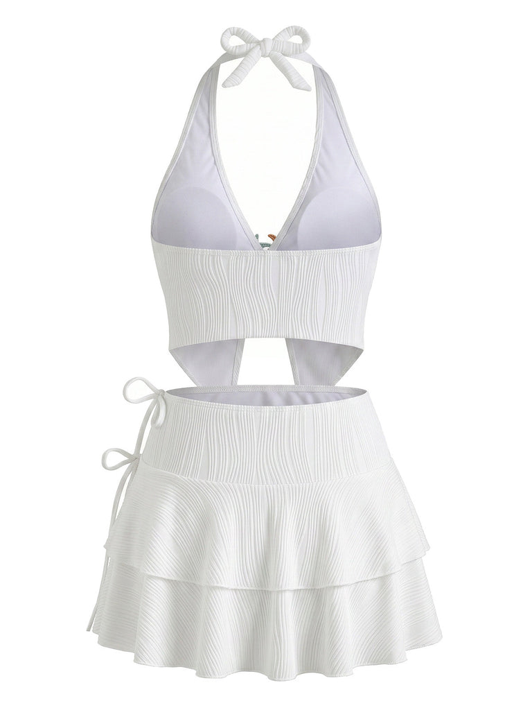 White 1950s Halter 3 Piece Tankini 4