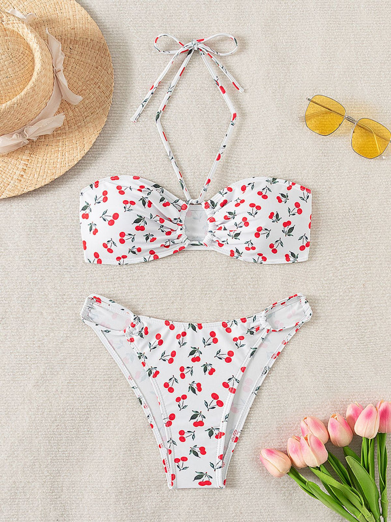 White 1950s Halter Cherry Bikini Set - vintage fashion, retro style, pure white