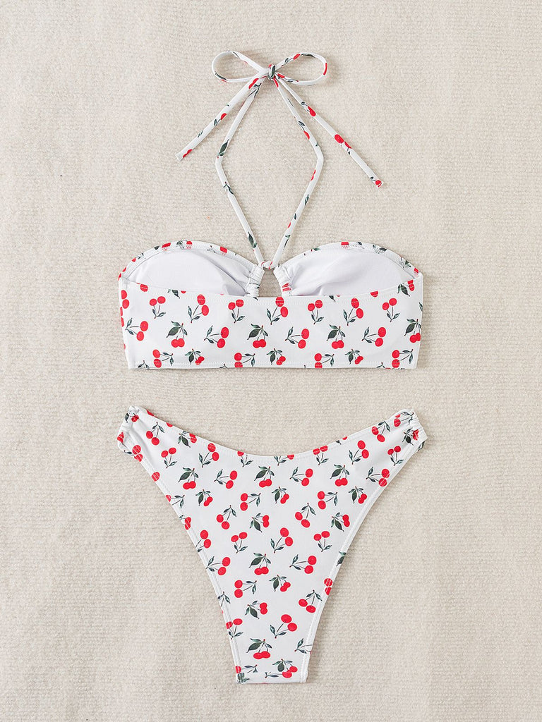 White 1950s Halter Cherry Bikini Set - vintage fashion, retro style, pure white