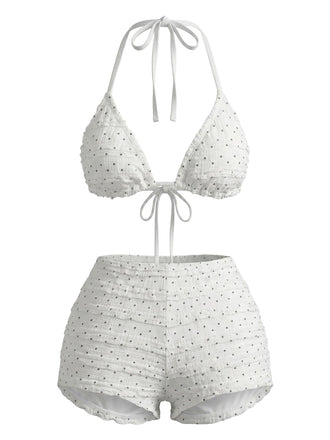 White 1950s Halter Polka Dot Ruched Bikini Set, vintage swimsuit, pin-up swimwear - perfect for women who love vintage and retro fashion
