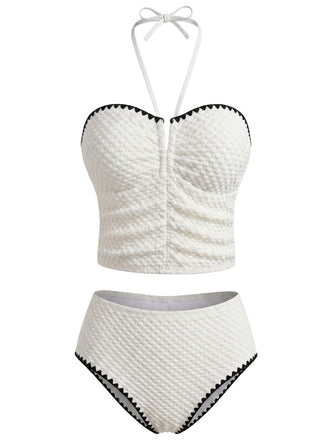 White 1950s Halter Strapless Textured Tankini Set, vintage fashion, retro style - perfect for women who love vintage and retro fashion
