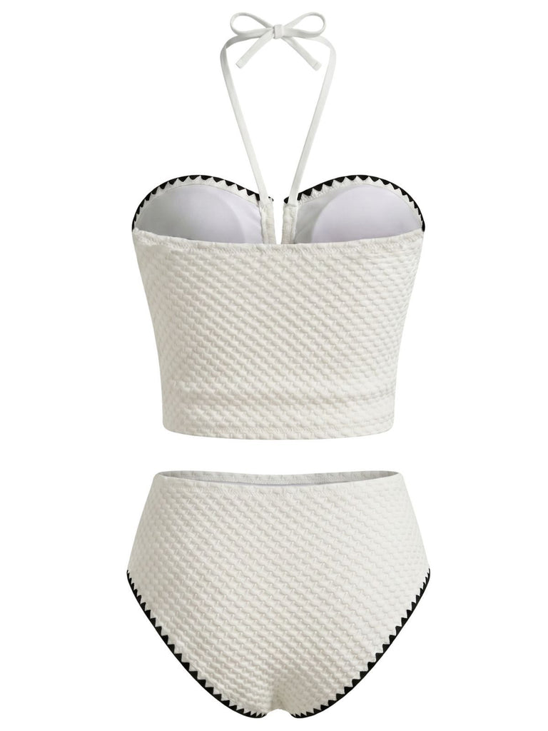White 1950s Halter Strapless Textured Tankini Set, vintage fashion, retro style - perfect for women who love vintage and retro fashion