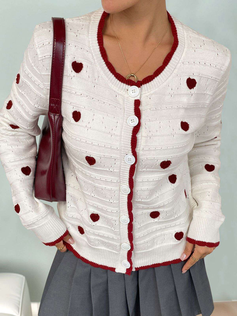 White 1950s Heart Contrast Knitted Cardigan - vintage fashion, retro style, pure white