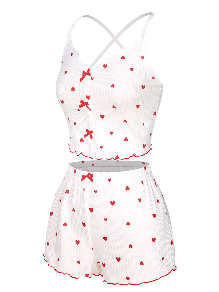 White 1950s Heart Spaghetti Straps Pajamas, vintage pajamas, retro nightwear - perfect for women who love vintage and retro fashion