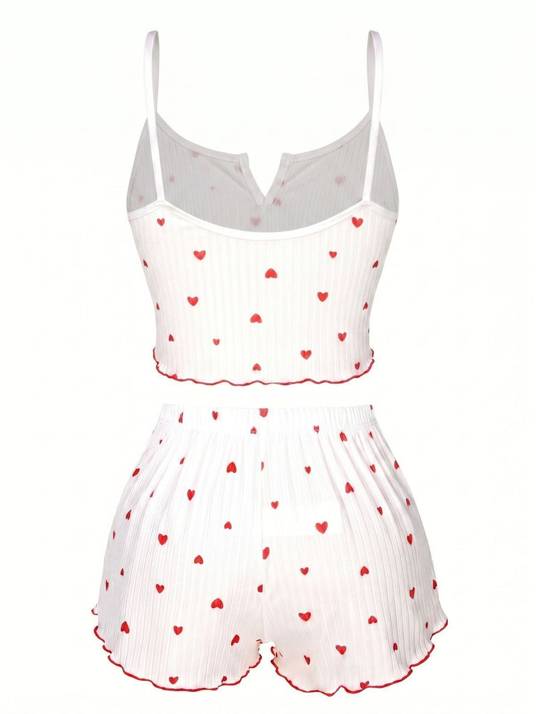 White 1950s Heart Spaghetti Straps Pajamas, vintage pajamas, retro nightwear - perfect for women who love vintage and retro fashion