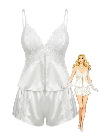 White 1950s Lace Satin Camisole Pajama Set - vintage fashion, retro style, pure white