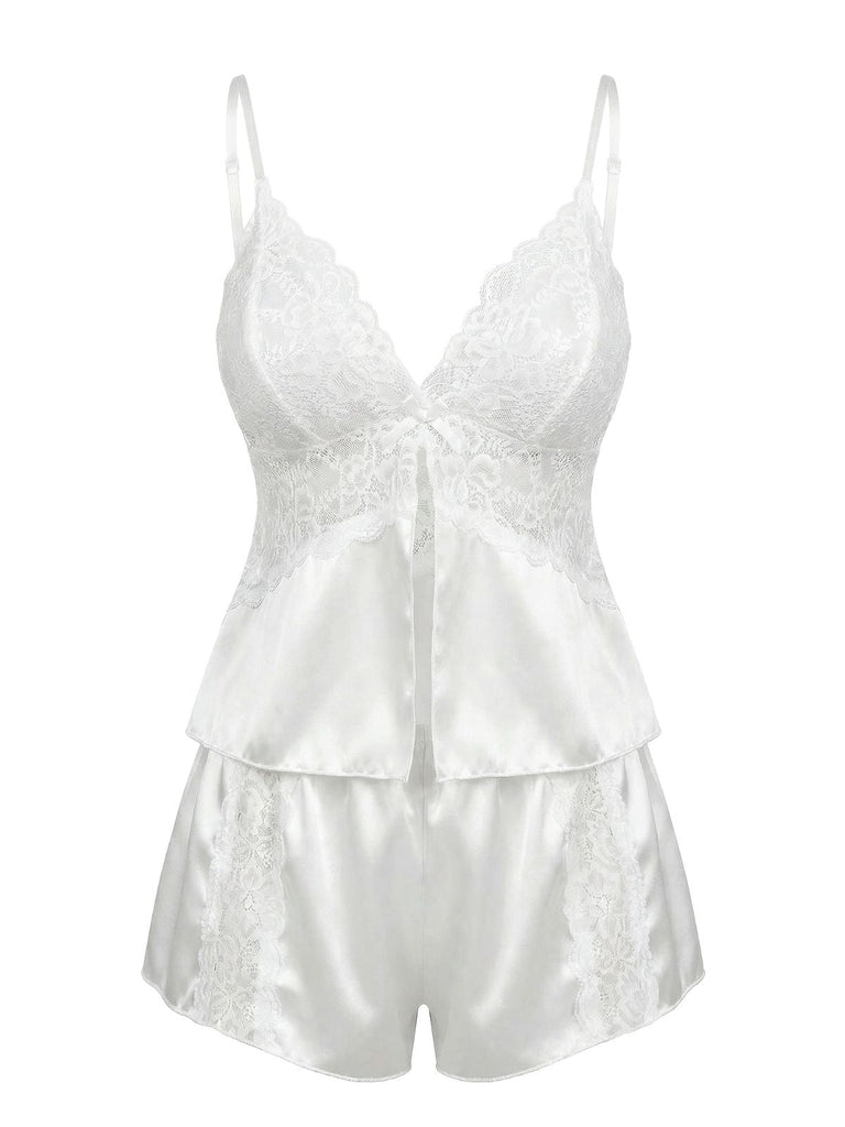 White 1950s Lace Satin Camisole Pajama Set - vintage fashion, retro style, pure white