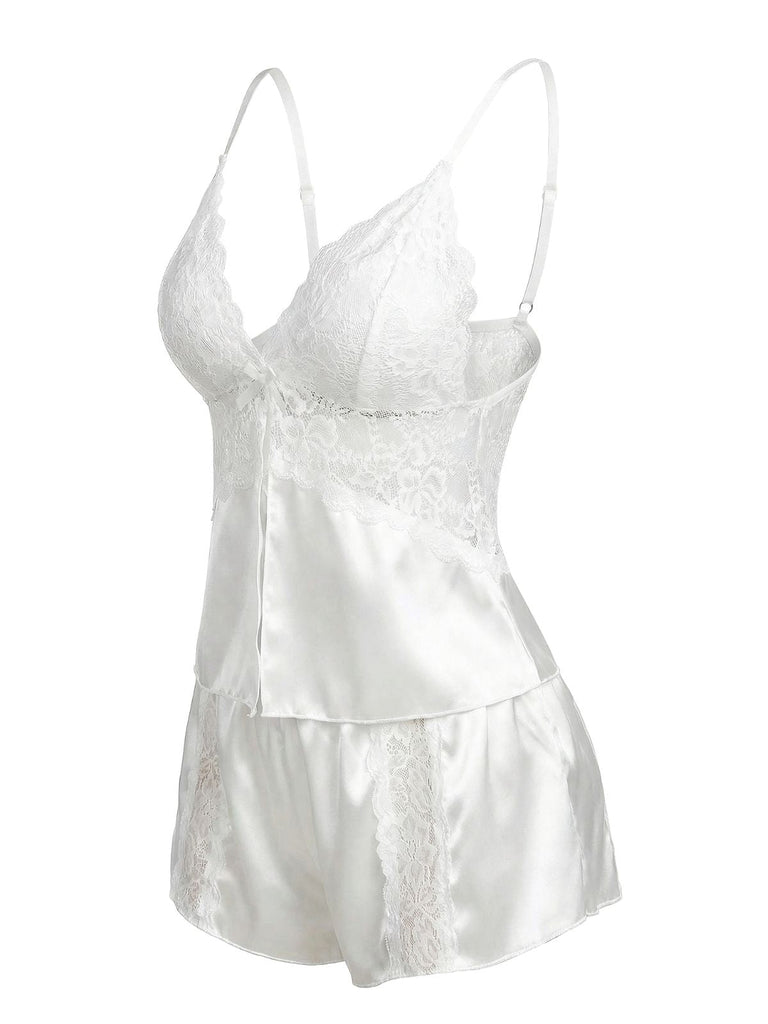 White 1950s Lace Satin Camisole Pajama Set - vintage fashion, retro style, pure white