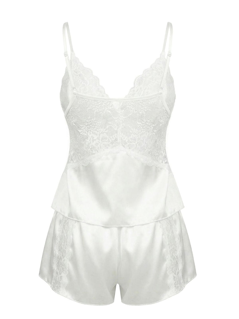White 1950s Lace Satin Camisole Pajama Set - vintage fashion, retro style, pure white