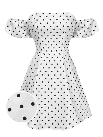 White 1950s Off-Shoulder Polka Dots Dress, vintage dress, retro fashion, rockabilly, pin-up fashion - perfect for women who love vintage and retro fashion
