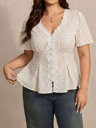 Plus Size White 1950s Polka Dot Floral Lace Blouse