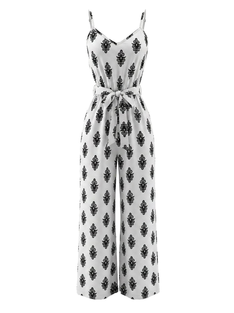 White 1950s Print Spaghetti Strap Jumpsuit, vintage romper, retro jumpsuit - perfect for women who love vintage and retro fashion