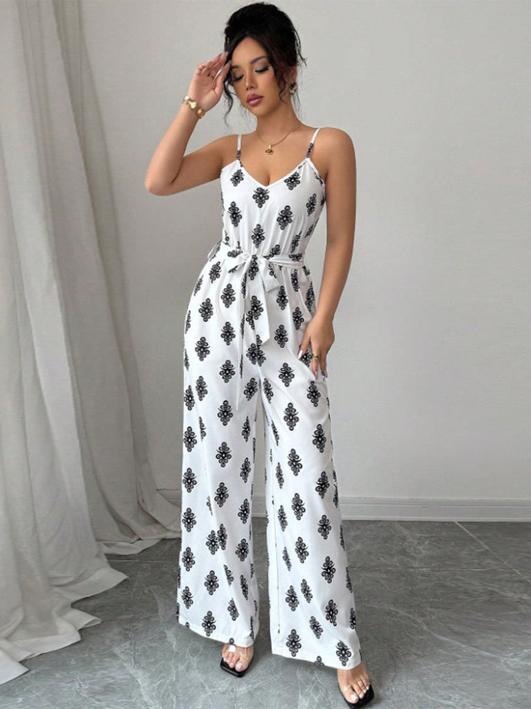 White 1950s Print Spaghetti Strap Jumpsuit, vintage romper, retro jumpsuit - perfect for women who love vintage and retro fashion