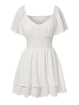 White 1950s Puff Sleeve Layered Hem Romper, vintage romper, retro jumpsuit - perfect for women who love vintage and retro fashion