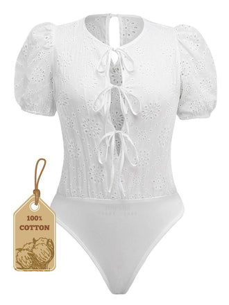 White 1950s Pure Cotton Eyelet Puff Sleeve Top - vintage fashion, retro style, pure white