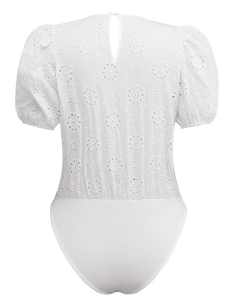 White 1950s Pure Cotton Eyelet Puff Sleeve Top - vintage fashion, retro style, pure white