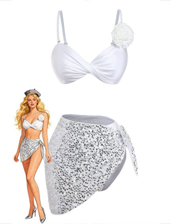 White-1950s-Rose-Satin-Finish-Bikini-Set-Cover-Up, vintage, retro, swimwear