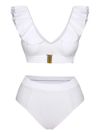 She's wearing White 1950s Ruffles Solid Swimsuit and the whole beach remembers the 1950s