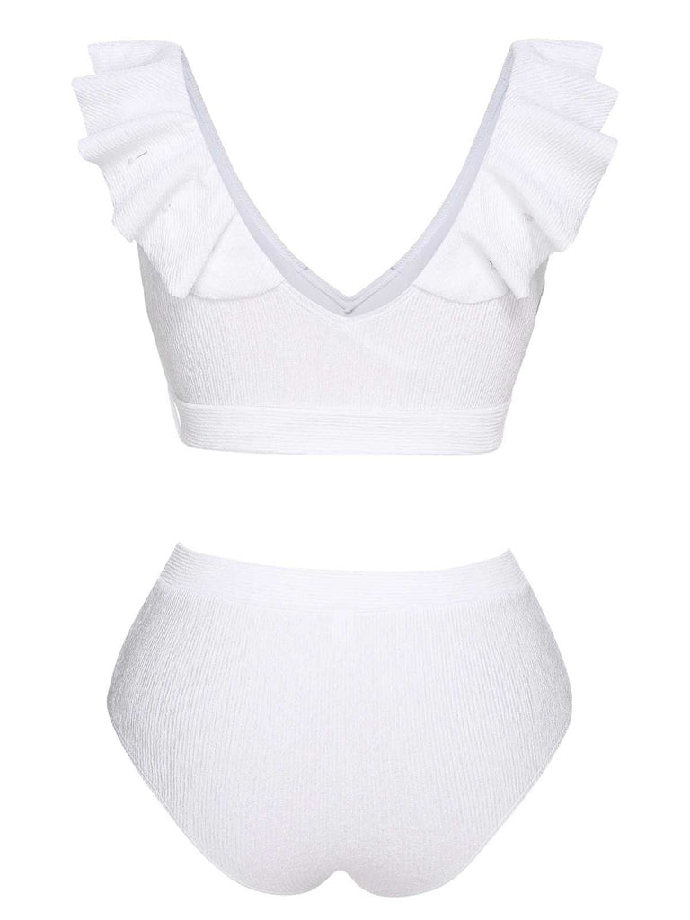 This White 1950s Ruffles Solid Swimsuit carries 1950s vacation dreams in every stitch