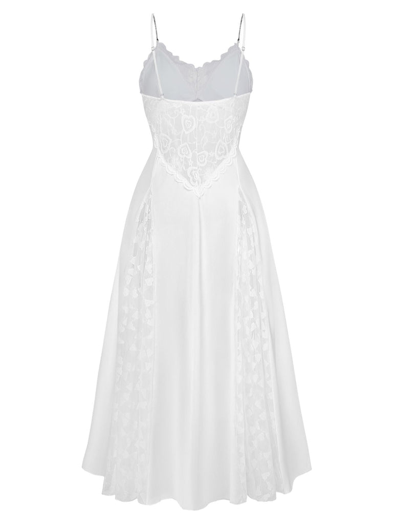 White 1950s Satin Lace Rhinestone Split Maxi Nightgown, vintage fashion, retro style - perfect for women who love vintage and retro fashion