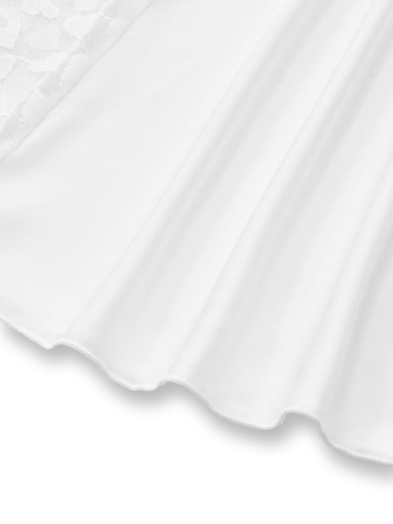 White 1950s Satin Lace Rhinestone Split Maxi Nightgown, vintage fashion, retro style - perfect for women who love vintage and retro fashion