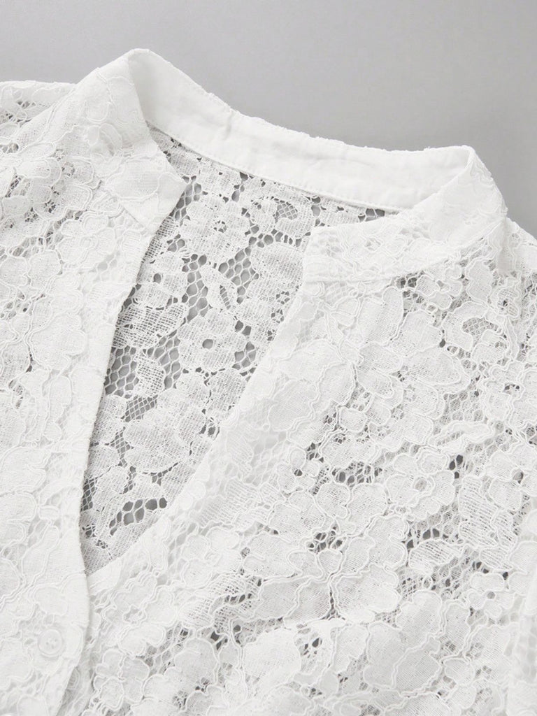 White 1950s Sheer Floral Lace Keyhole Cropped Top, vintage top, retro blouse - perfect for women who love vintage and retro fashion