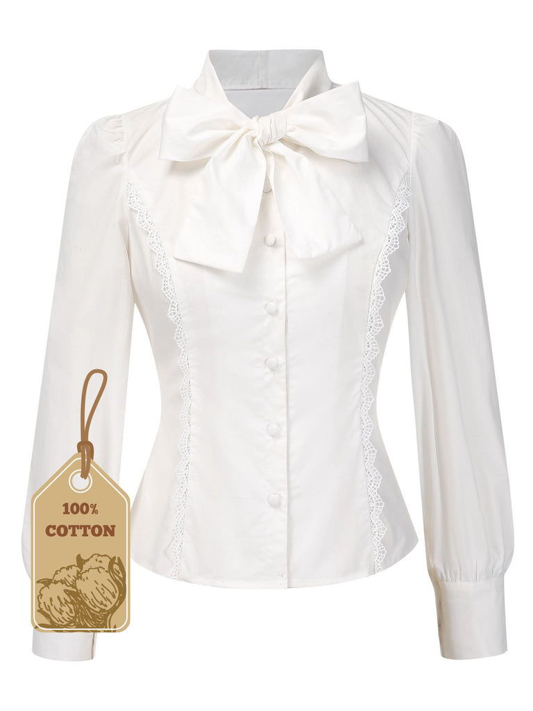 White 1950s Solid Cotton Tie-Neck Bow Blouse - vintage fashion, retro style, pure white