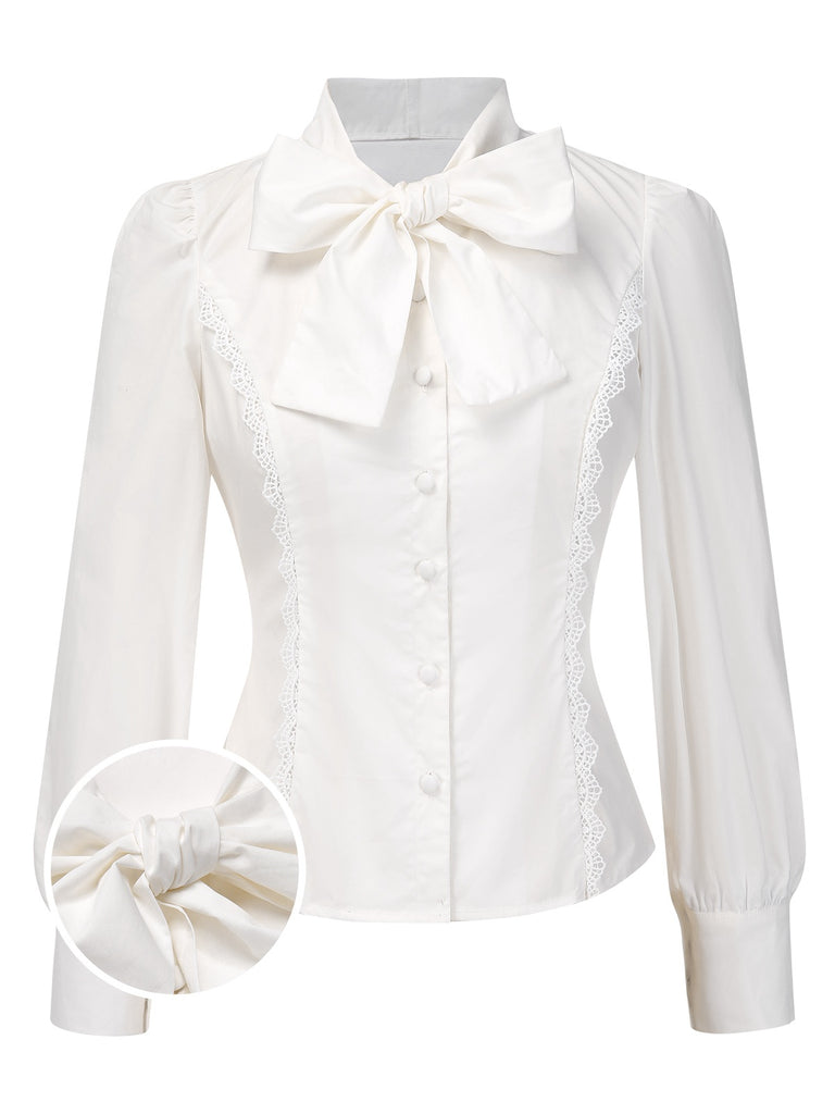 White 1950s Solid Cotton Tie-Neck Bow Blouse - vintage fashion, retro style, pure white