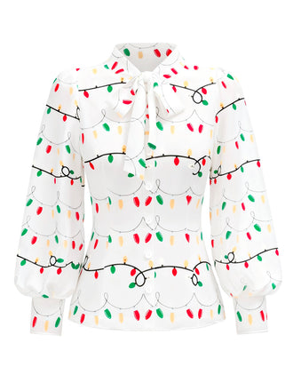 White 1950s Tie Neck Christmas Lights Print Blouse - vintage fashion, retro style, pure white