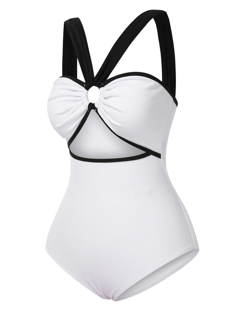 White 1950s Waist Cutout Colorblock One-Piece Swimsuit, vintage swimsuit, pin-up swimwear - perfect for women who love vintage and retro fashion