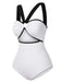 White 1950s Waist Cutout Colorblock One-Piece Swimsuit, vintage swimsuit, pin-up swimwear - perfect for women who love vintage and retro fashion
