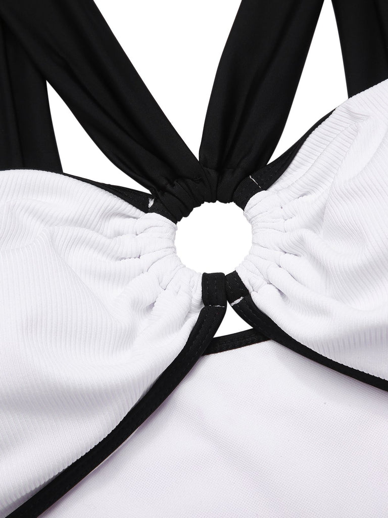 White 1950s Waist Cutout Colorblock One-Piece Swimsuit, vintage swimsuit, pin-up swimwear - perfect for women who love vintage and retro fashion