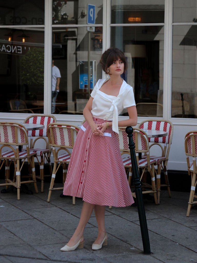 Red 1940s Buttoned Stripes Skirt - vintage skirt, retro style for vintage lovers