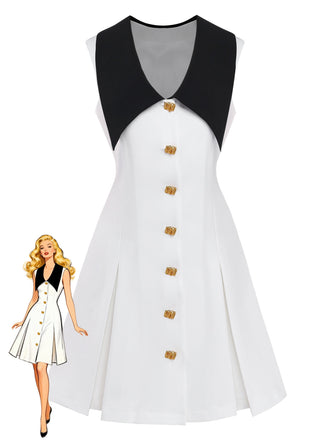 White 1960s Lapel Metal Button Midi Dress