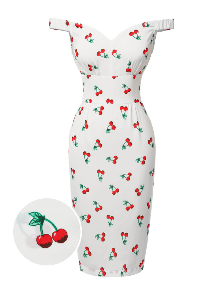 She slips into this White 1960s Cherry Off-Shoulder Pencil Dress and suddenly it's a 1960s daydream