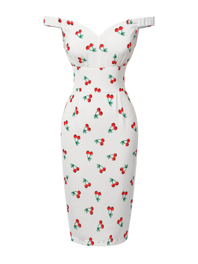 White 1960s Cherry Off-Shoulder Pencil Dress: where 1960s romance meets her modern spirit