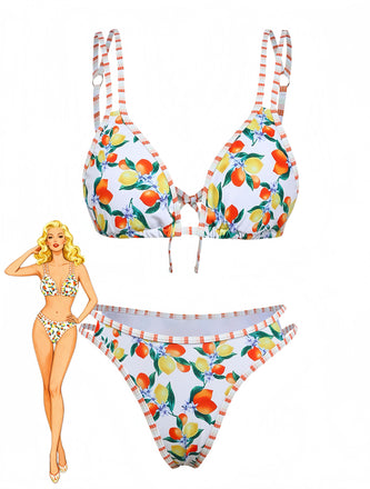 White 1960s Citrus Triangle-Strap Bikini Set - vintage fashion, retro style, pure white